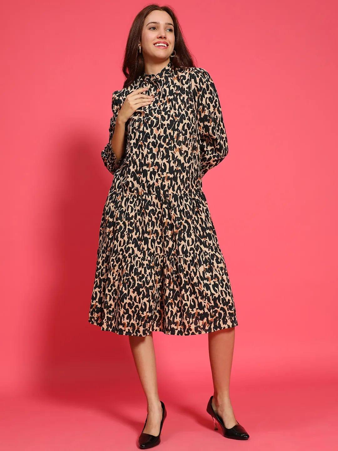 Multicolor Animal Print  Mandarin Collar Long Sleeve Button Down Women Cotton Shirt Women Dress