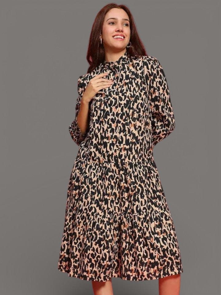 Women Cotton Shirt Dress - Multicolor Animal Print Button Down Mandarin Collar Long Sleeve