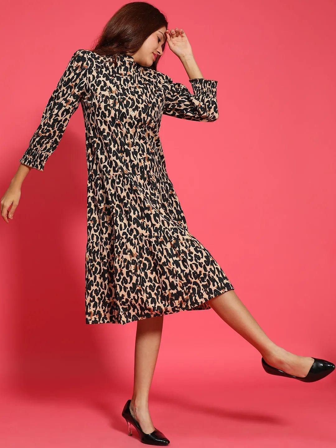 Multicolor Animal Print Mandarin Collar Long Sleeve Button Down Women Cotton Shirt Women Dress - oxolloxo