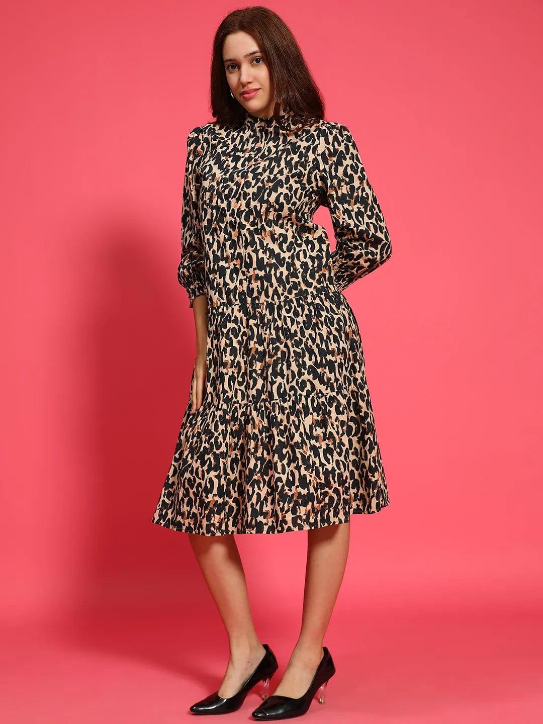 Multicolor Animal Print  Mandarin Collar Long Sleeve Button Down Women Cotton Shirt Women Dress