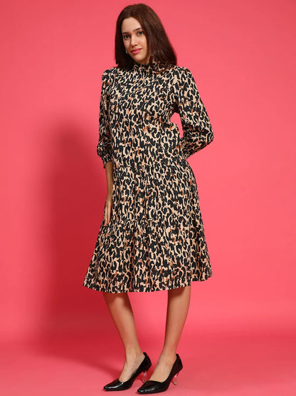 Multicolor Animal Print  Mandarin Collar Long Sleeve Button Down Women Cotton Shirt  Dress