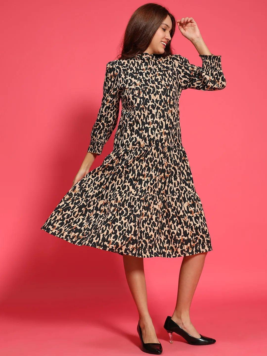 Multicolor Animal Print Mandarin Collar Long Sleeve Button Down Women Cotton Shirt Women Dress - oxolloxo