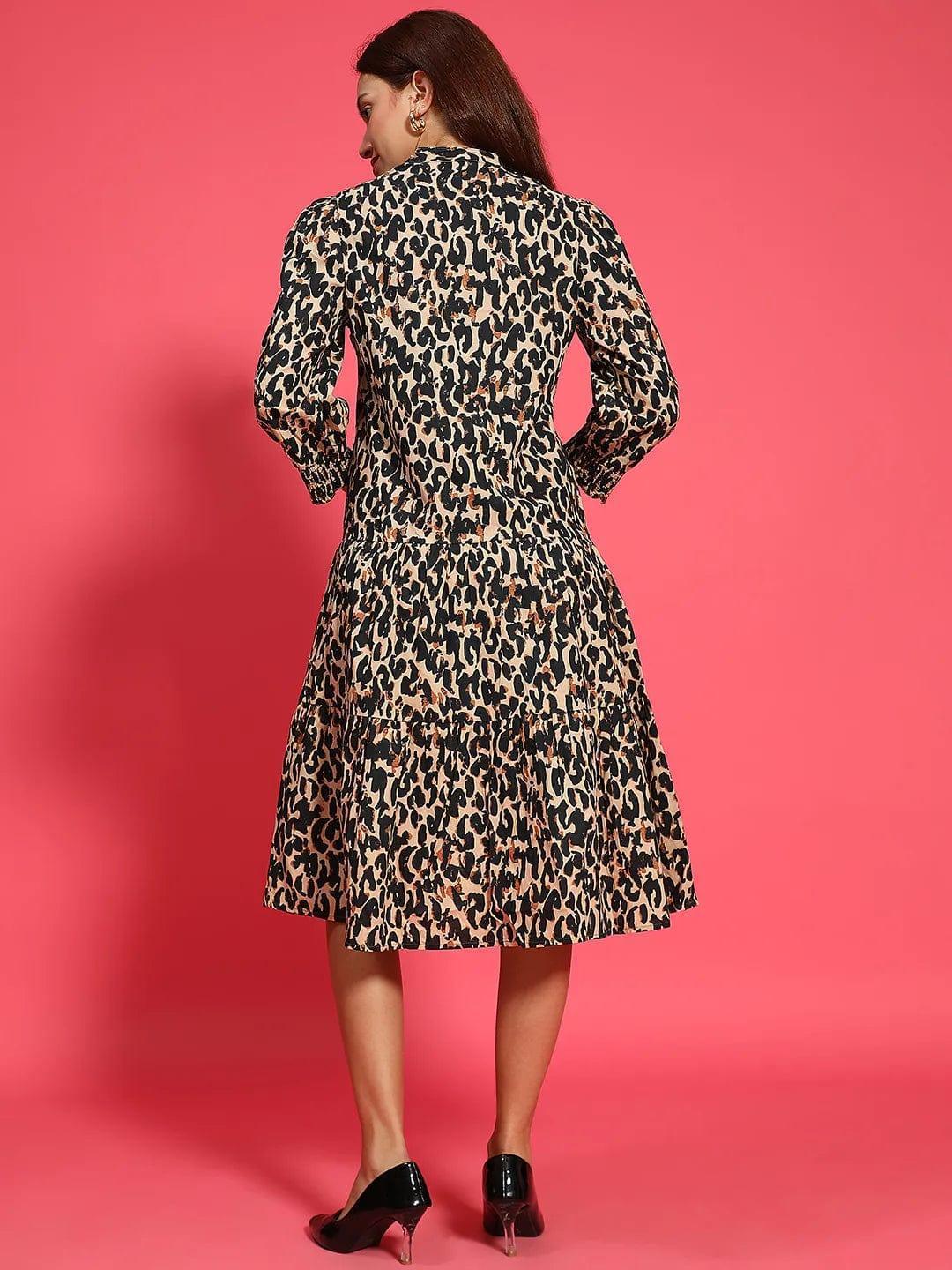 Multicolor Animal Print Mandarin Collar Long Sleeve Button Down Women Cotton Shirt Women Dress - oxolloxo