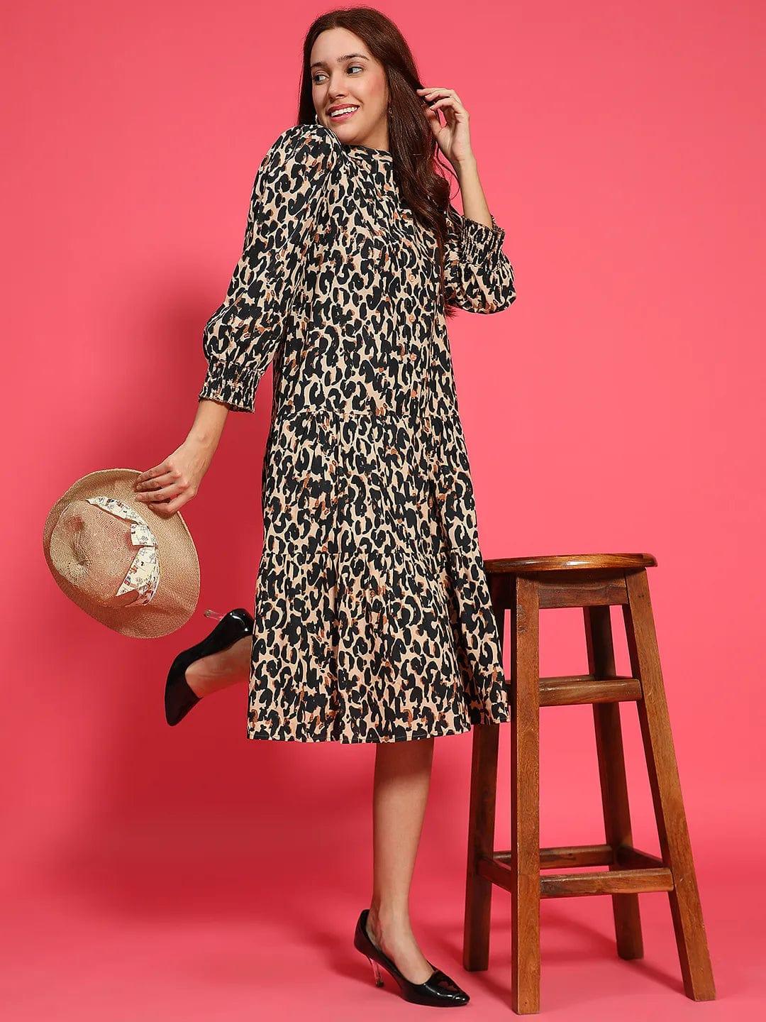 Multicolor Animal Print  Mandarin Collar Long Sleeve Button Down Women Cotton Shirt Women Dress