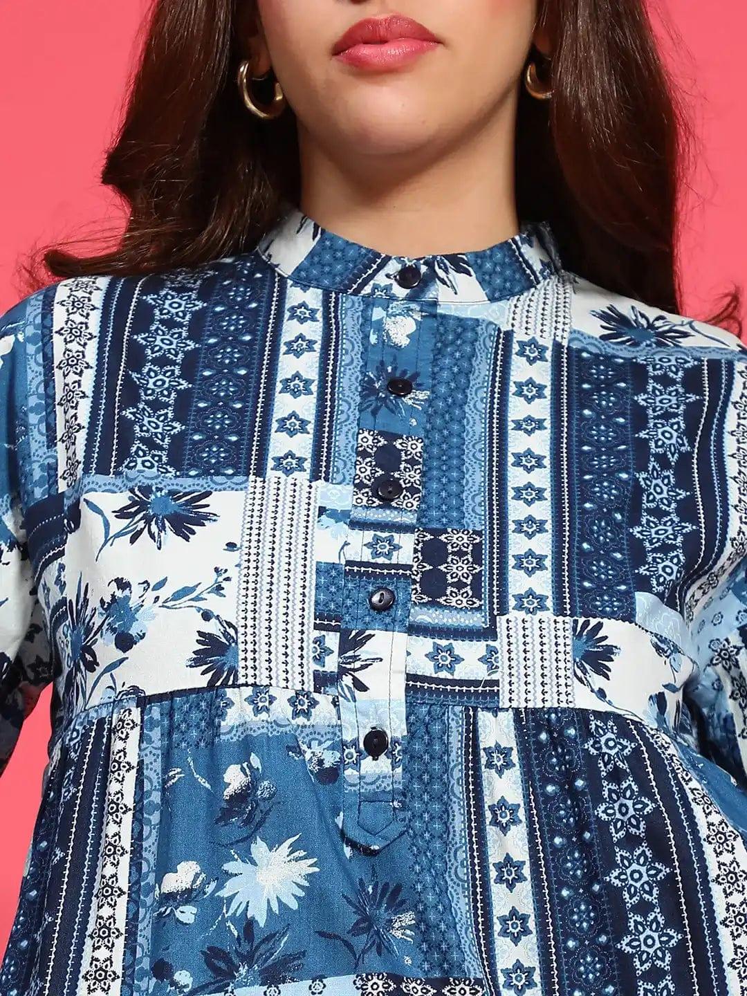 Exalted Blue Floral Print Long Sleeve Women Cotton Top