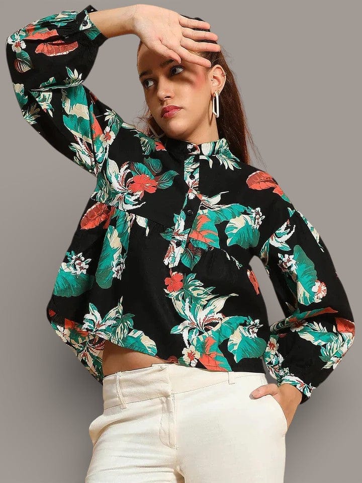 Floral Cotton Top - Women's Multicolor Long Sleeve Shirt With Button Placket