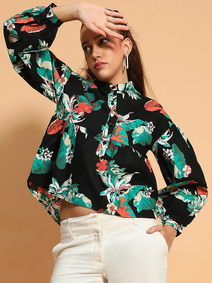 Multicolor Floral Print Long Sleeve Women Cotton Top