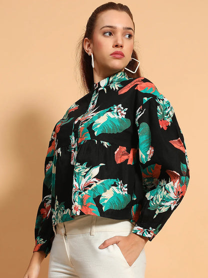 Multicolor Floral Print Long Sleeve Women Cotton Top