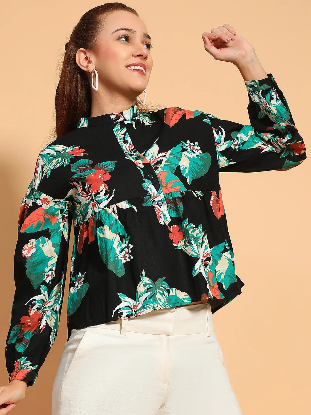 Multicolor Floral Print Long Sleeve Women Cotton Top