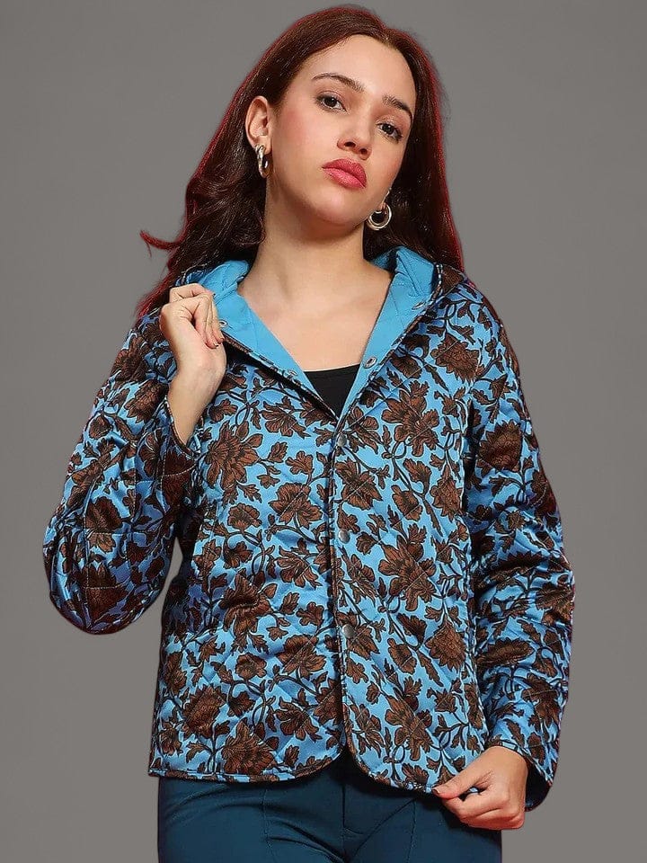 Spellbinding Blue Floral Print Long Sleeve Button Down Women Winter Wear Qulited Jacket with Hoodie