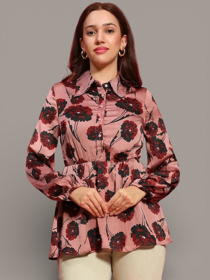 Floral Print Women Top - Maroon Collared Button Down Long Sleeve Blouse