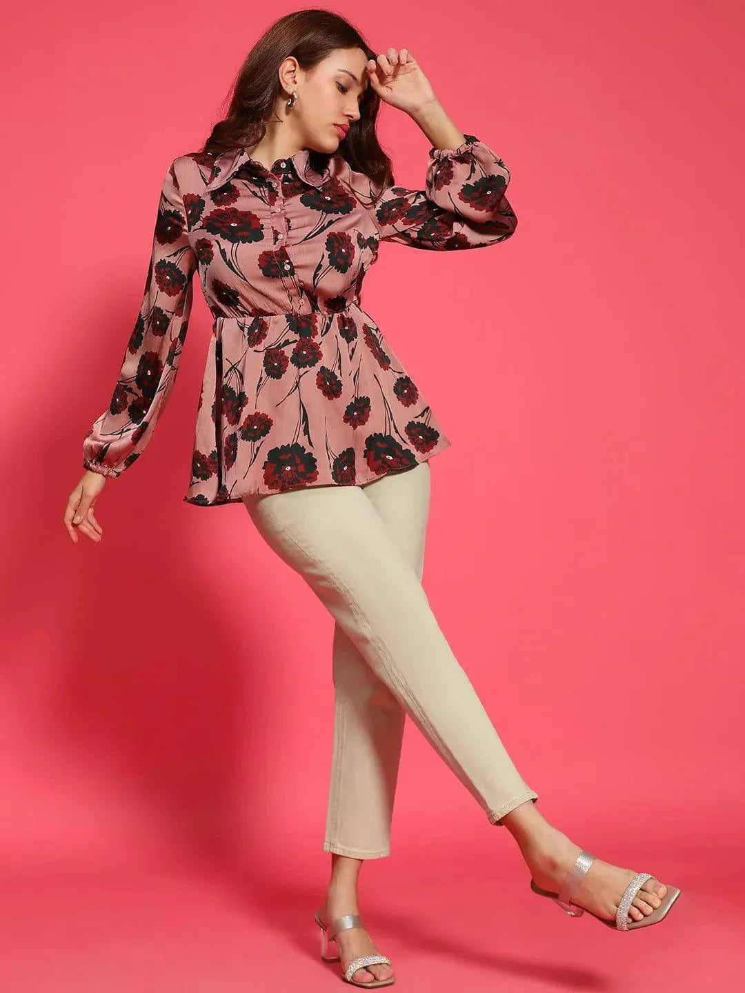 Urban Maroon Floral Print Collared Long Sleeve Button Down Elasticated Women Top - oxolloxo