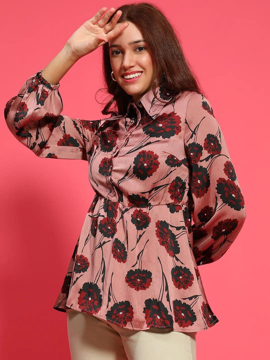 Urban Maroon Floral Print Collared Long Sleeve Button Down Elasticated Women Top - oxolloxo