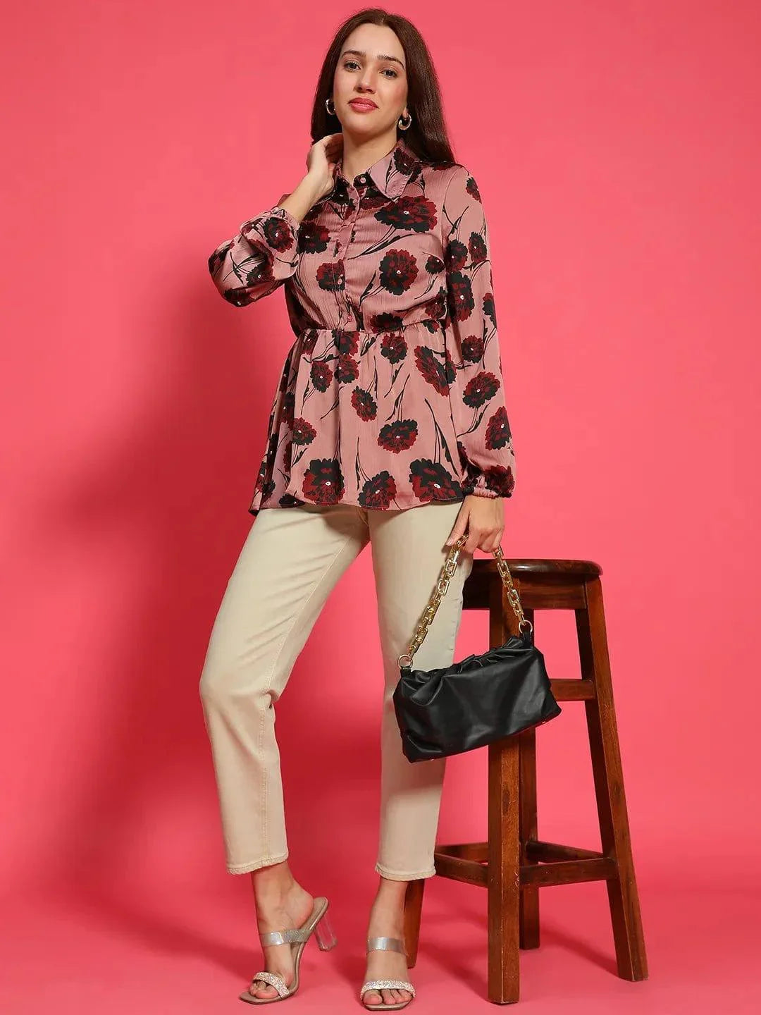 Urban Maroon Floral Print Collared Long Sleeve Button Down Elasticated Women Top - oxolloxo