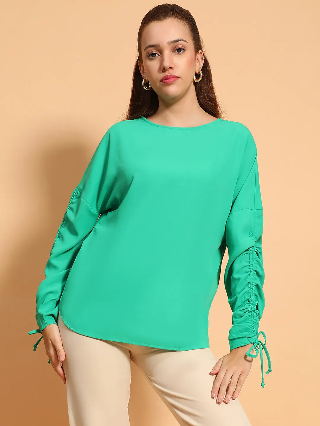 Green Round Neck Long Sleeve Gather Pleated Elasticated Sleeve Women Top