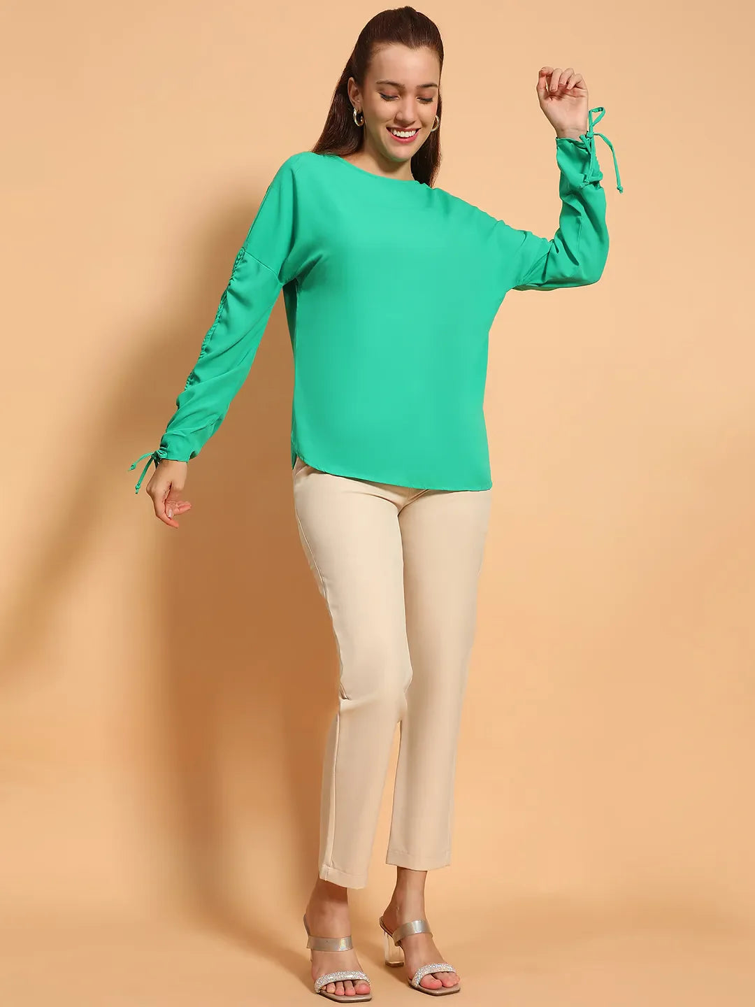 Green Round Neck Long Sleeve Gather Pleated Elasticated Sleeve Women Top