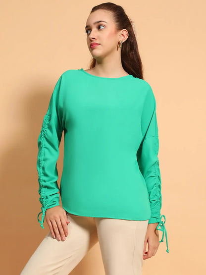 Green Round Neck Long Sleeve Gather Pleated Elasticated Sleeve Women Top