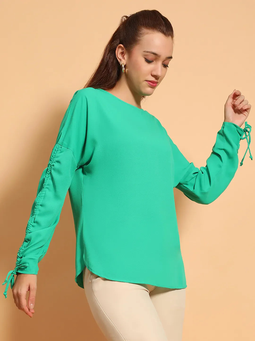 Green Round Neck Long Sleeve Gather Pleated Elasticated Sleeve Women Top