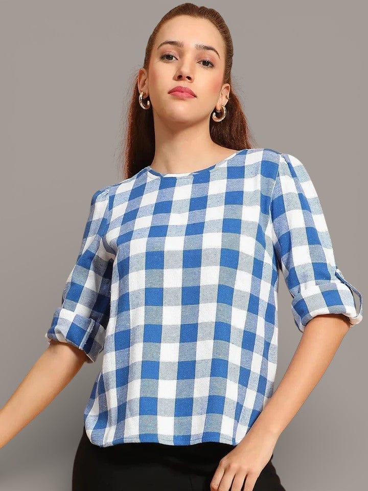 Blue Cotton Women Top - Long Sleeve Roll Up Blouse with Brush Check Pattern