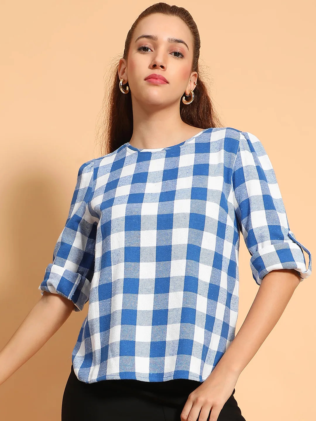 Blue Round Neck Long Roll Up Sleeve Brush Check Cotton Women Top