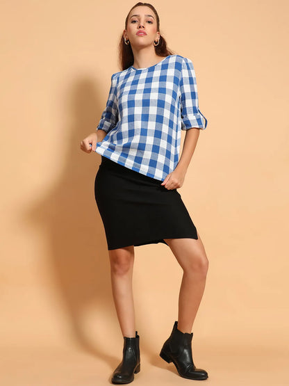 Blue Round Neck Long Roll Up Sleeve Brush Check Cotton Women Top