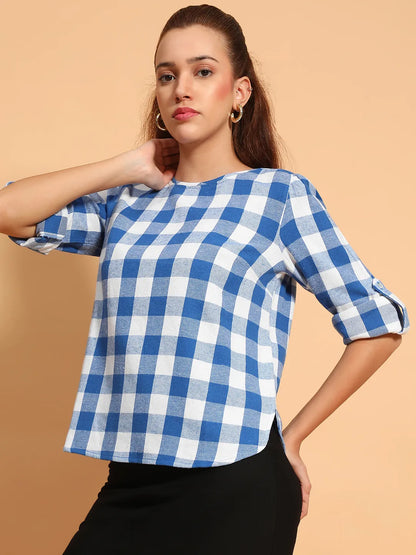 Blue Round Neck Long Roll Up Sleeve Brush Check Cotton Women Top