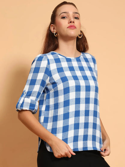 Blue Round Neck Long Roll Up Sleeve Brush Check Cotton Women Top