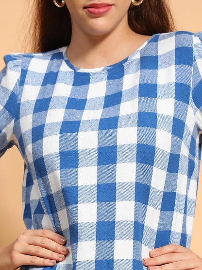 Blue Round Neck Long Roll Up Sleeve Brush Check Cotton Women Top