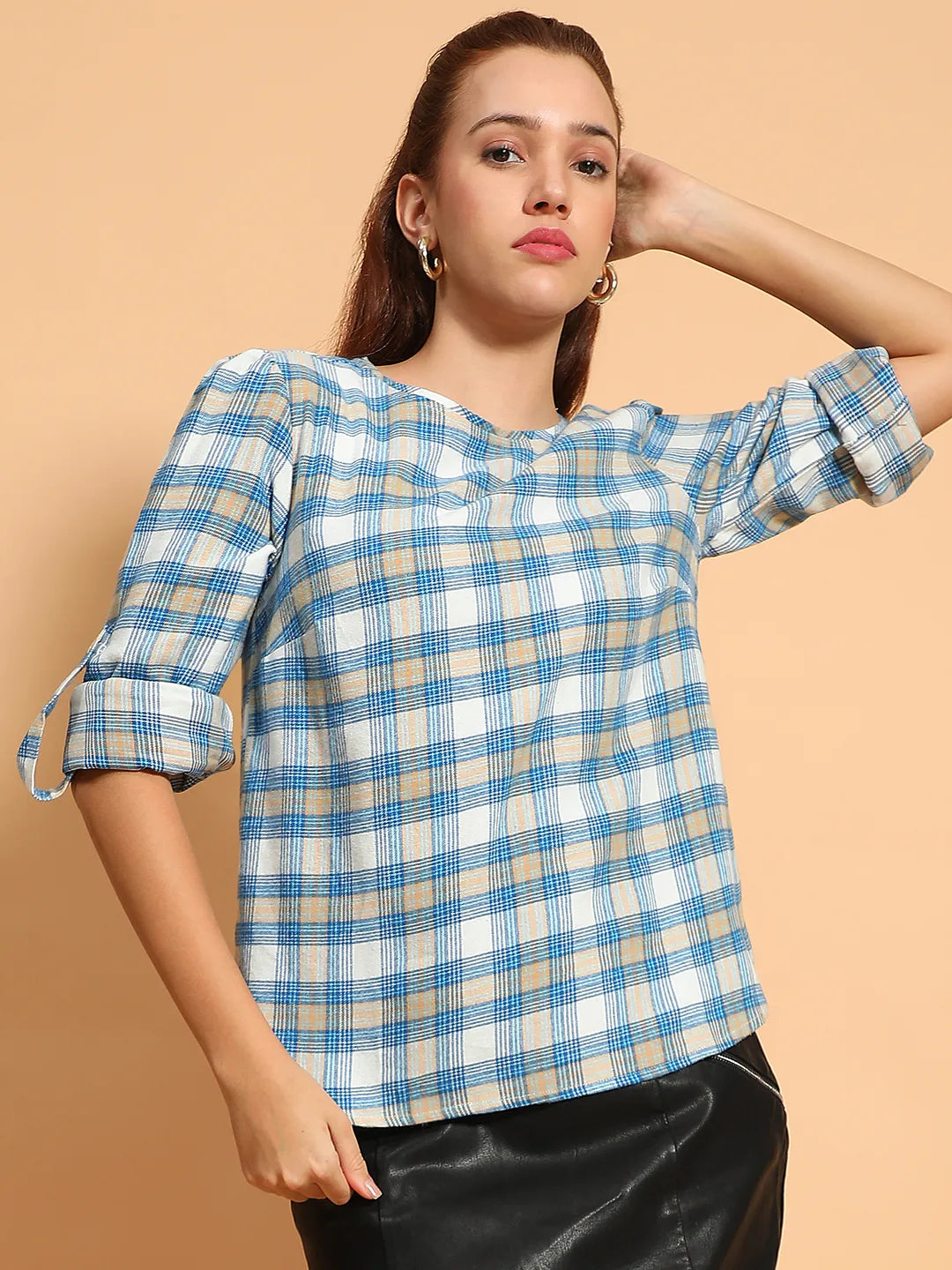 High Blue Round Neck Long Roll Up Sleeve Brush Check Cotton Women Top