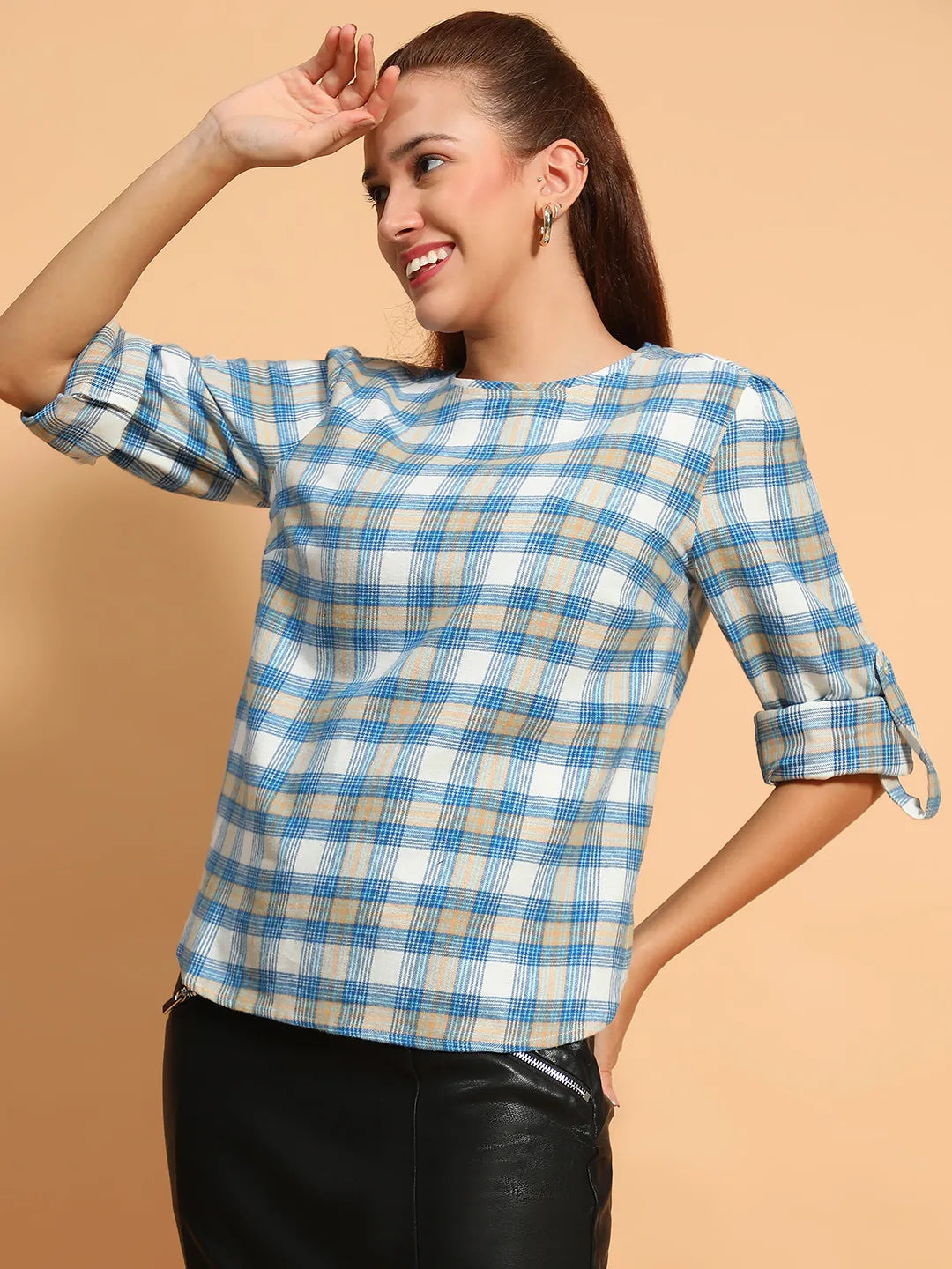 High Blue Round Neck Long Roll Up Sleeve Brush Check Cotton Women Top