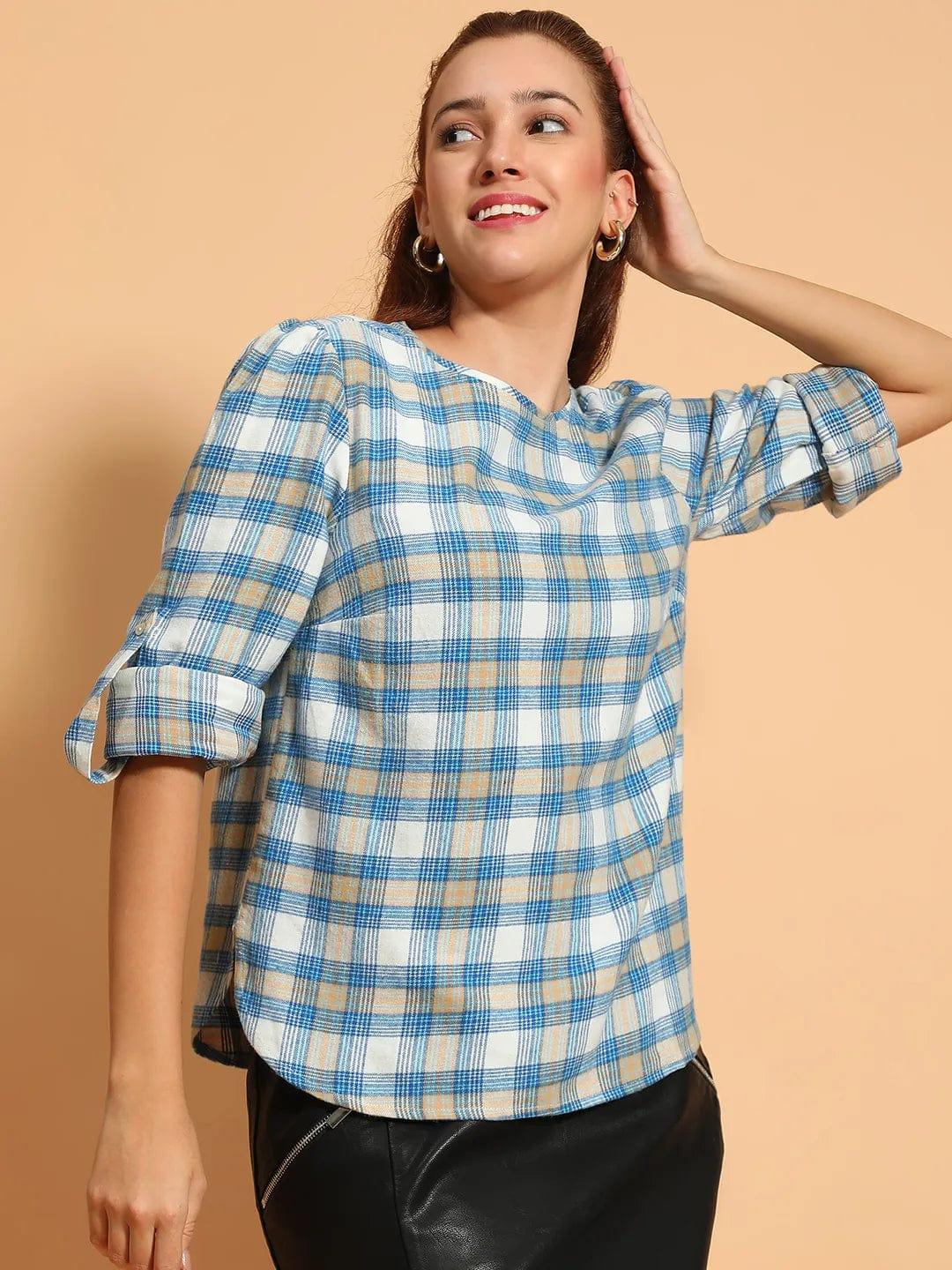 High Blue Round Neck Long Roll Up Sleeve Brush Check Cotton Women Top