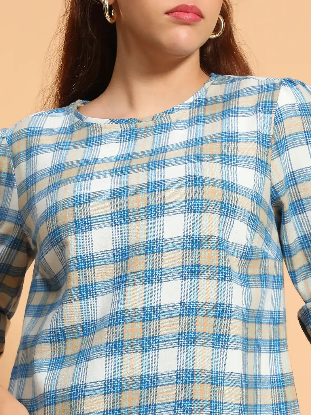 High Blue Round Neck Long Roll Up Sleeve Brush Check Cotton Women Top