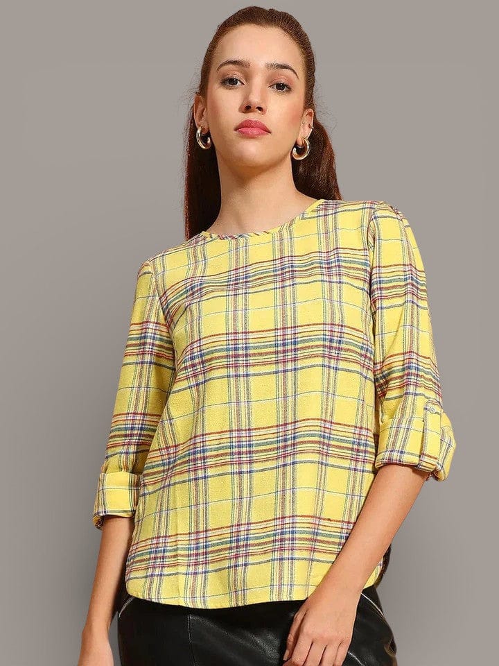 Yellow Cotton Women Top - Brush Check Pattern Round Neck Long Roll Sleeve Casual Blouse