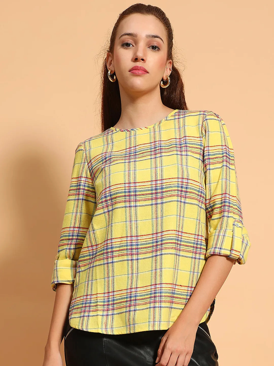 Happy Yellow  Round Neck Long Roll Up Sleeve Brush Check Cotton Women Top