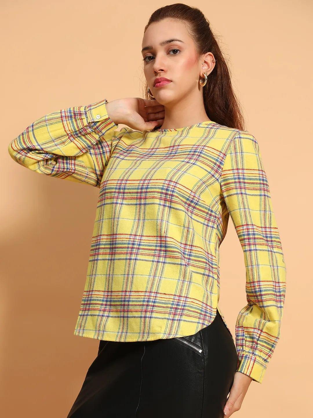 Happy Yellow  Round Neck Long Roll Up Sleeve Brush Check Cotton Women Top