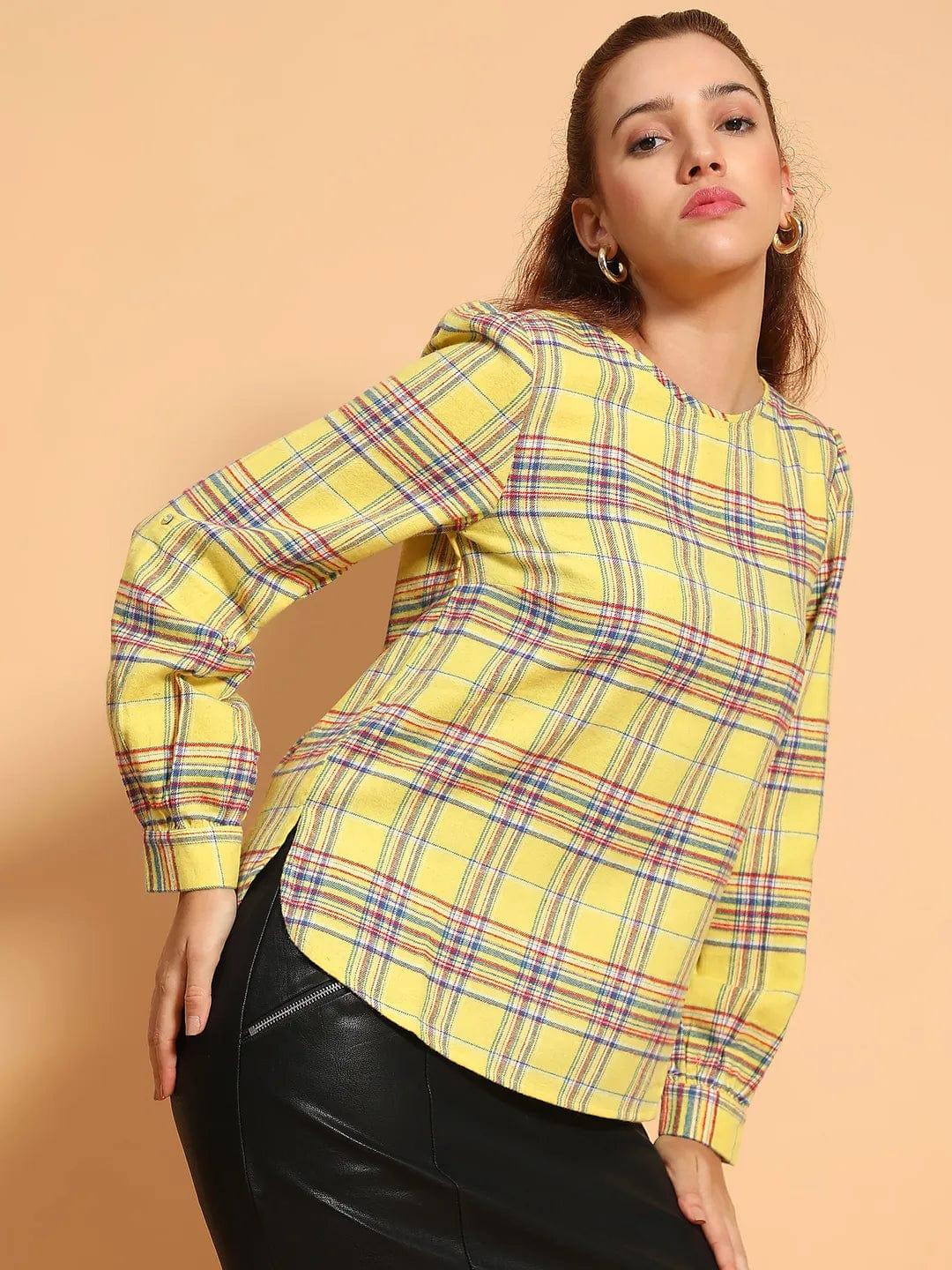 Happy Yellow  Round Neck Long Roll Up Sleeve Brush Check Cotton Women Top