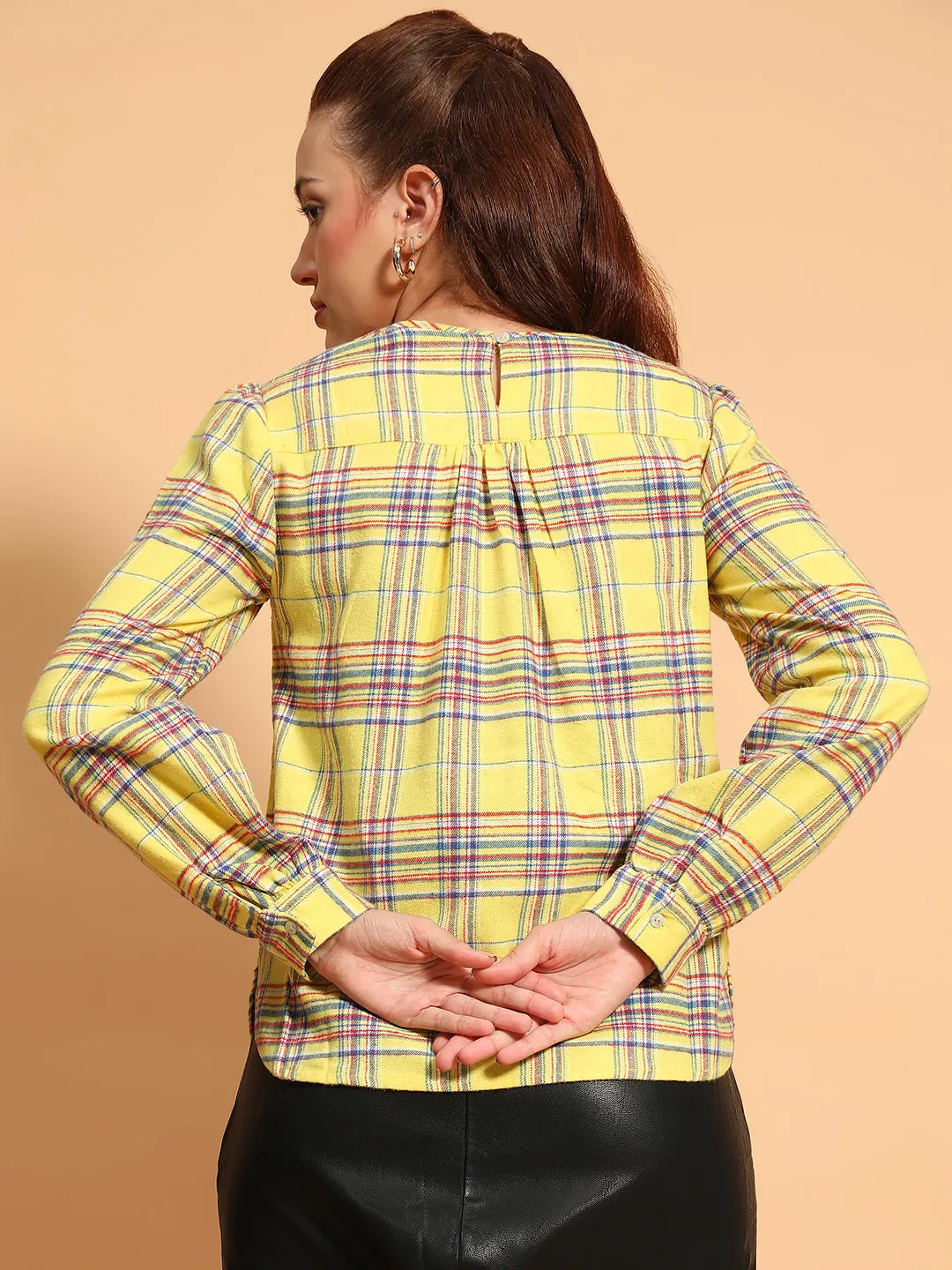 Happy Yellow  Round Neck Long Roll Up Sleeve Brush Check Cotton Women Top