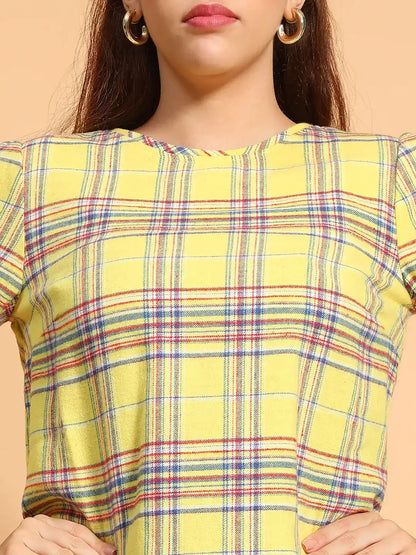 Happy Yellow  Round Neck Long Roll Up Sleeve Brush Check Cotton Women Top