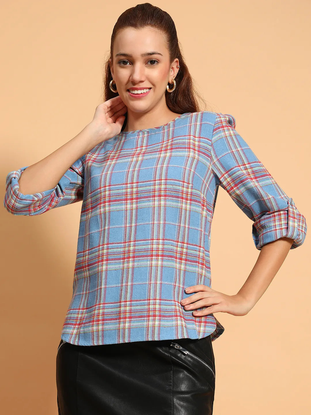 Catchy Blue Round Neck Long Roll Up Sleeve Brush Check Cotton Women Top