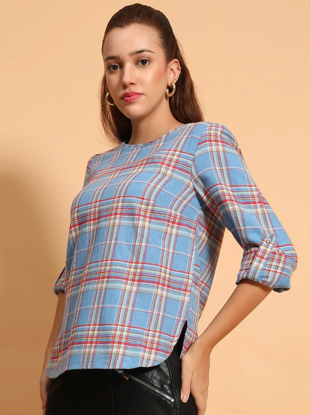 Catchy Blue Round Neck Long Roll Up Sleeve Brush Check Cotton Women Top