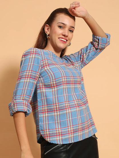 Catchy Blue Round Neck Long Roll Up Sleeve Brush Check Cotton Women Top