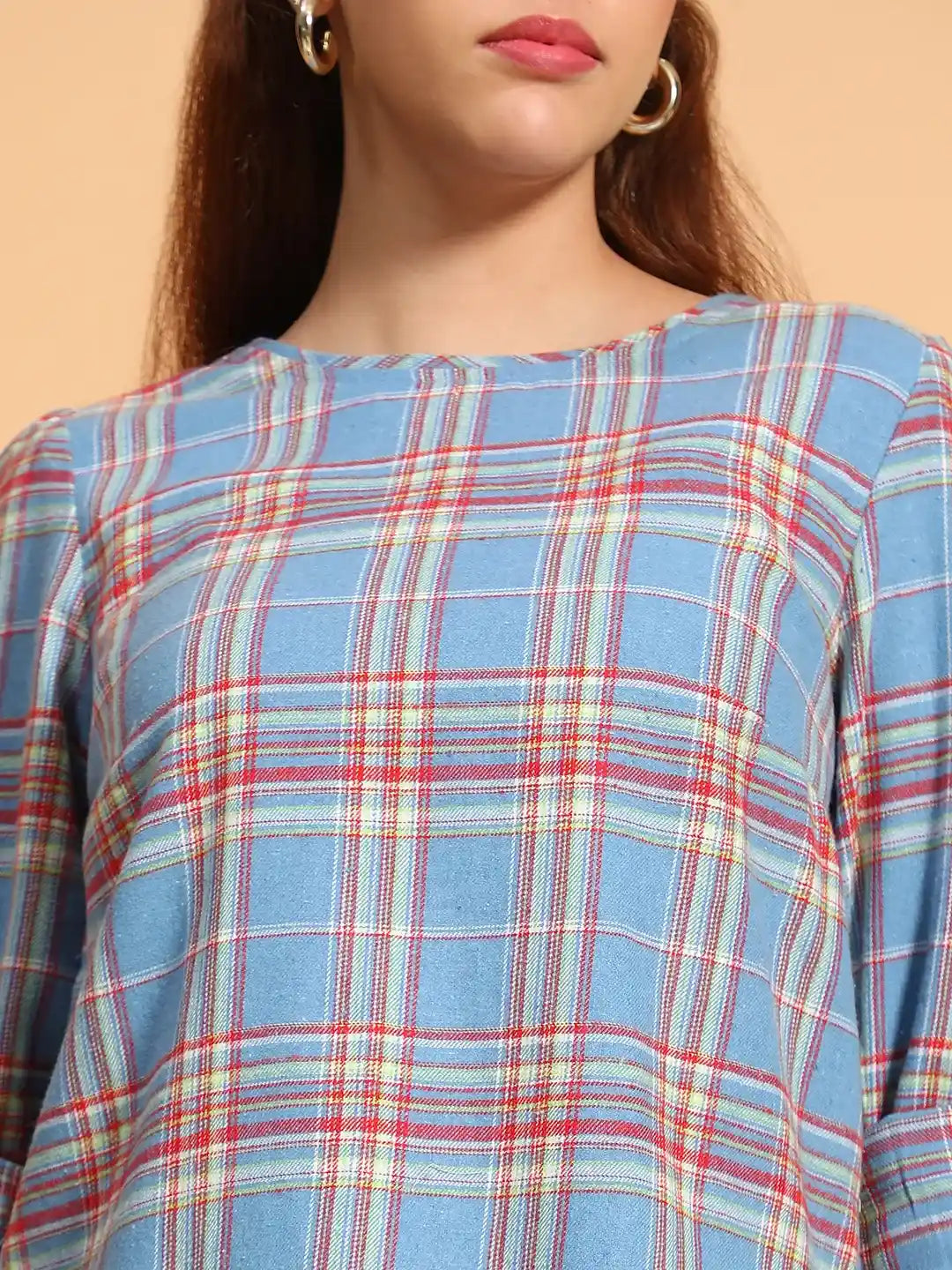 Catchy Blue Round Neck Long Roll Up Sleeve Brush Check Cotton Women Top