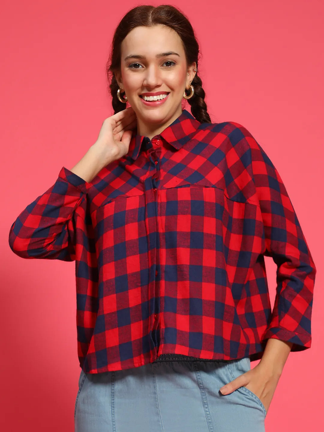 Multicolor Check Print Collared Long Sleeve Button Down Cotton Women Shirt