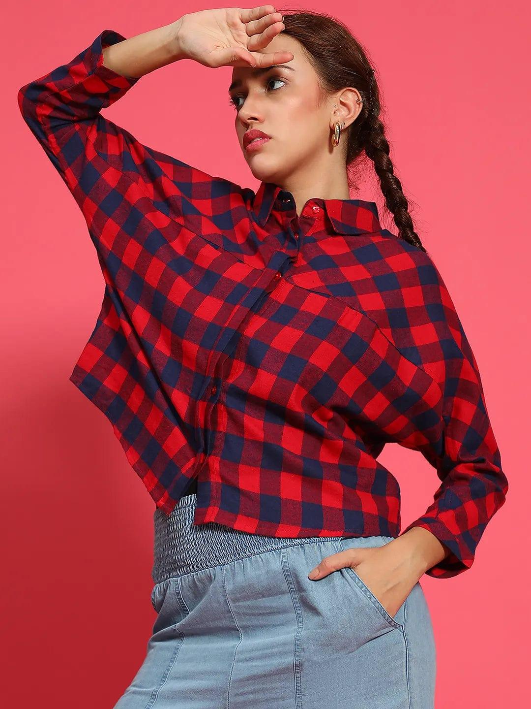 Multicolor Check Print Collared Long Sleeve Button Down Cotton Women Shirt