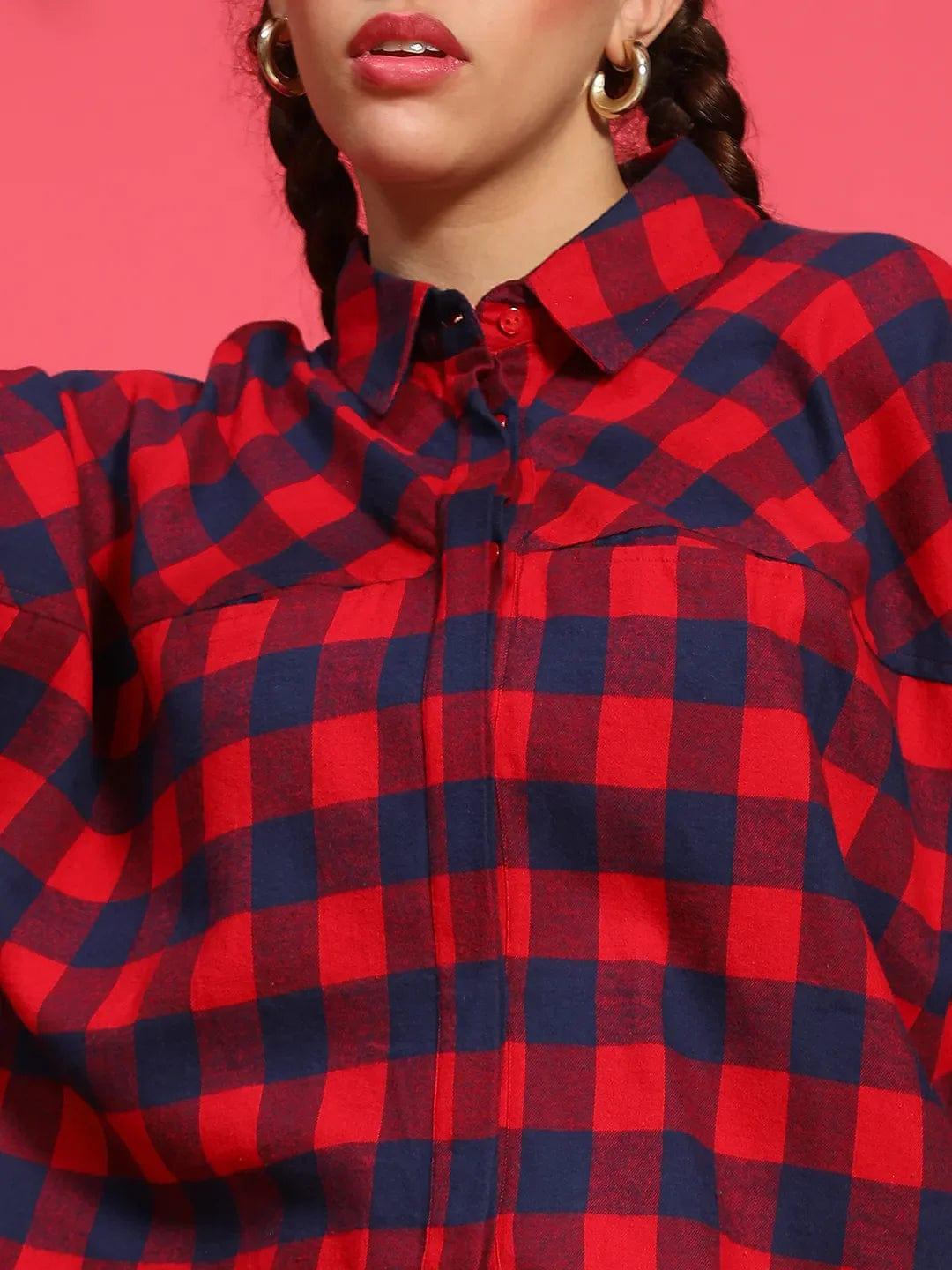 Multicolor Check Print Collared Long Sleeve Button Down Cotton Women Shirt