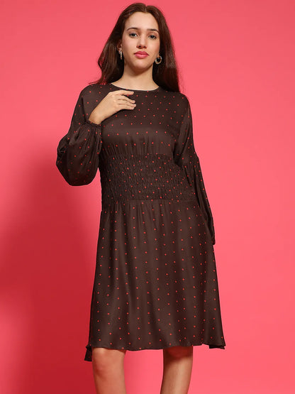 Big Brown Dot Print Round Neck Long Sleeve Smocked Knee Length Women Dress