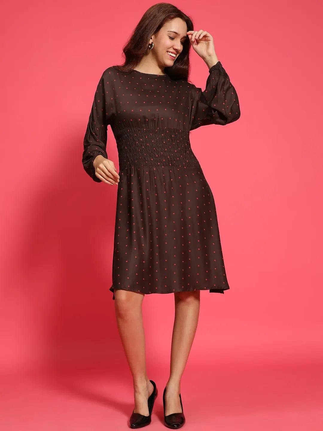 Big Brown Dot Print Round Neck Long Sleeve Smocked Knee Length Women Dress