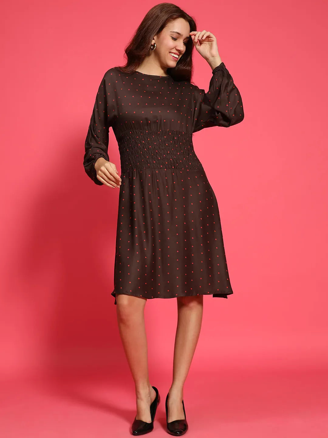 Big Brown Dot Print Round Neck Long Sleeve Smocked Knee Length Women Dress