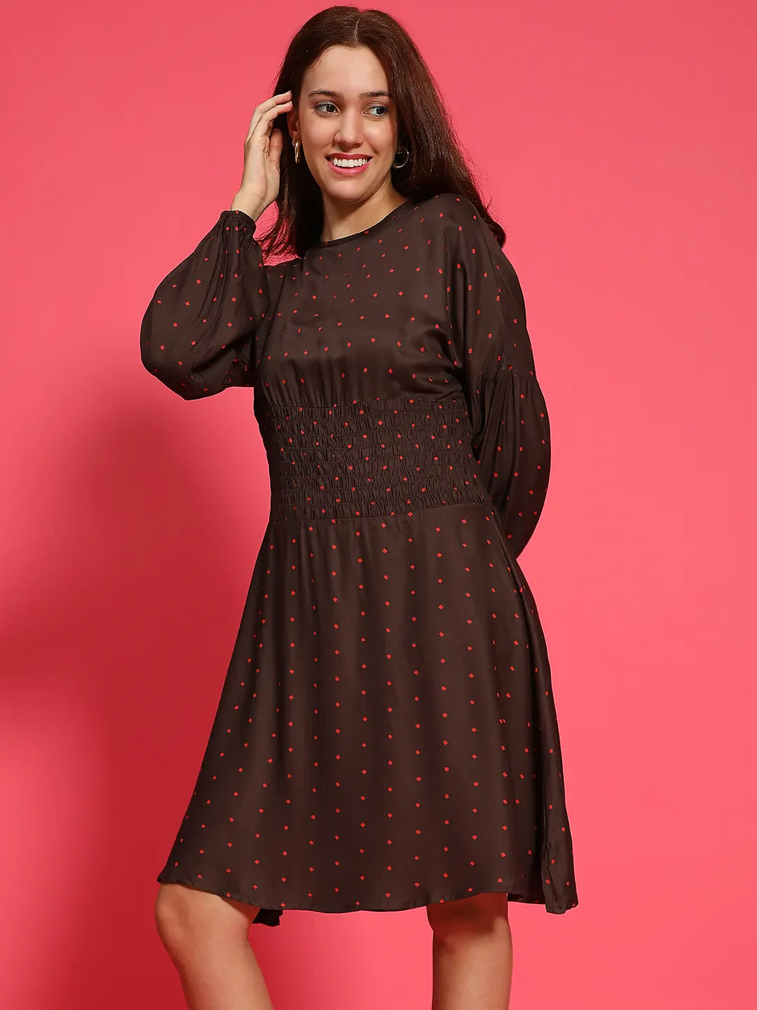 Big Brown Dot Print Round Neck Long Sleeve Smocked Knee Length Women Dress