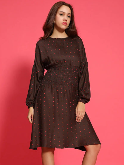 Big Brown Dot Print Round Neck Long Sleeve Smocked Knee Length Women Dress